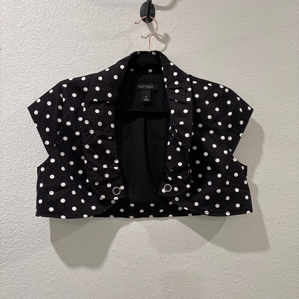 White House Black Market Black Polka Dot Bolero Cap Sleeve Capri Jacket Size 10 - Picture 1 of 8